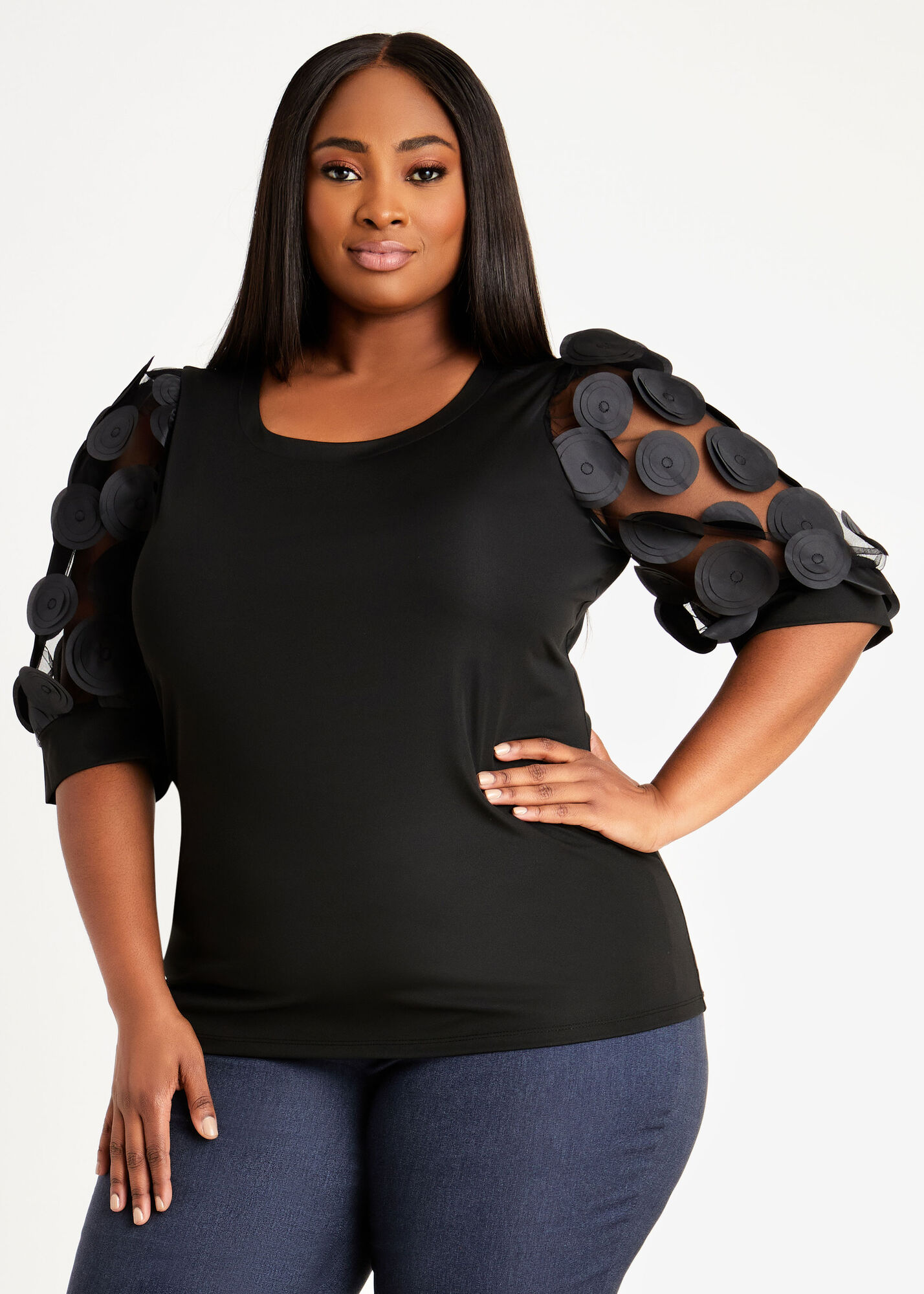 Plus Size Sexy Tops Knit Dot Mesh Puff Sleeve Stretch Elbow Sleeve Top