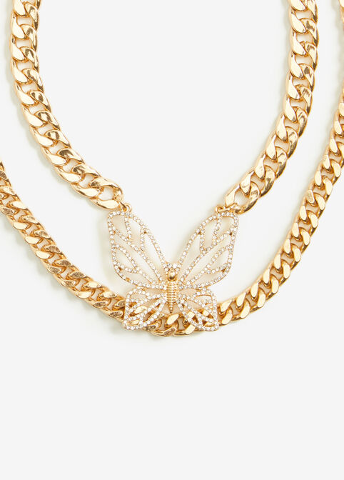 Layered Crystal Butterfly Necklace, Gold image number 1