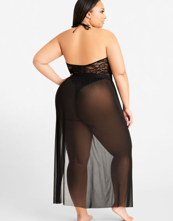Lace Plunge Bodysuit & Sarong Set, Black image number 1