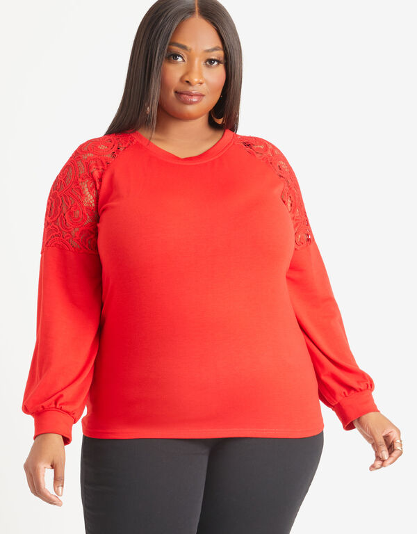 Lace Paneled Stretch Knit Top, Barbados Cherry image number 0