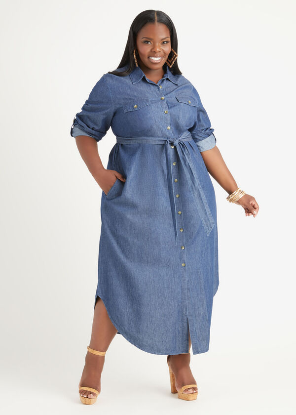 Chambray A Line Maxi Shirtdress, Dk Rinse image number 2