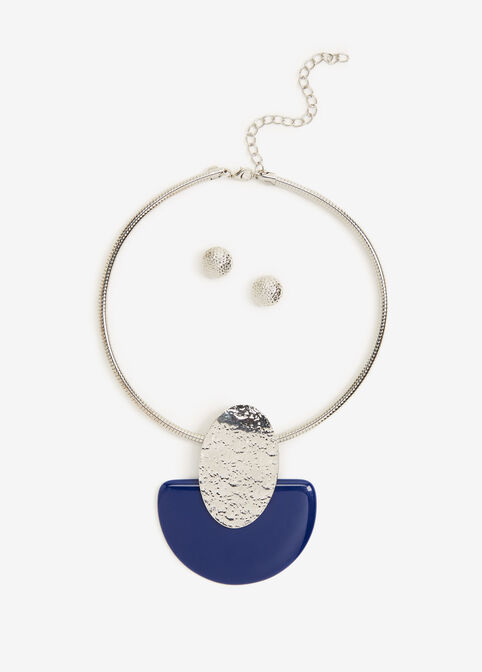 Stone Pendant Choker Necklace Set, Sodalite image number 0