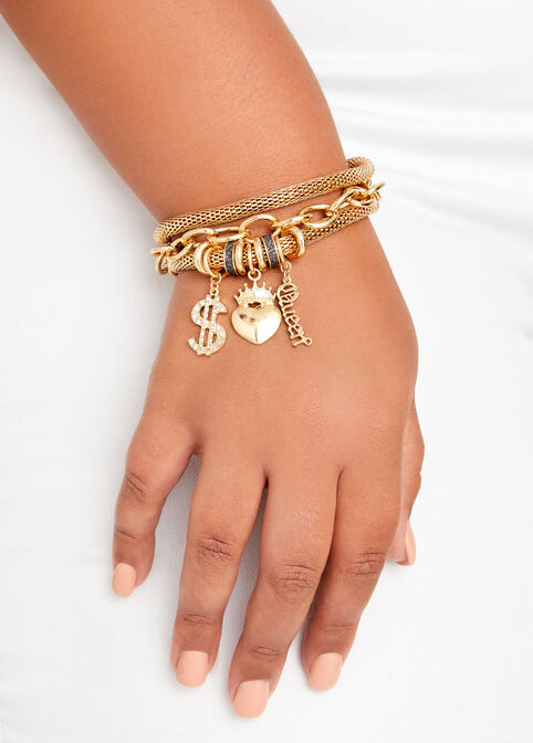 Gold 3 Row Queen Charm Bracelet, Gold image number 0