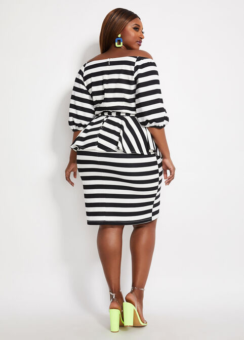 Belted Striped Peplum Dress, Black White image number 1