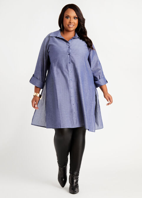 Chambray Side Slit Tunic Button Up, Blue image number 0