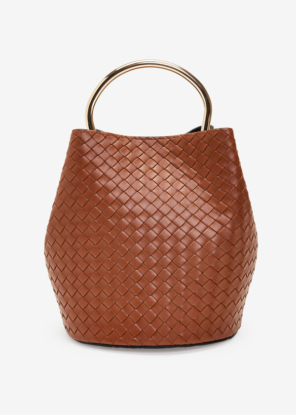 Woven Faux Leather Bucket Bag, Cognac image number 2