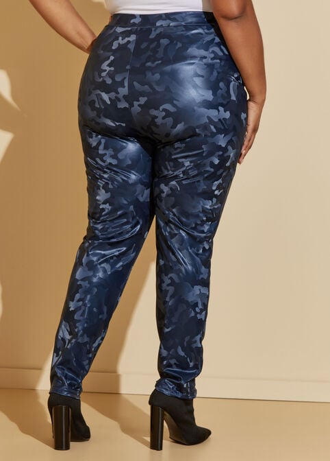 Camo Faux Leather Leggings, Navy image number 1