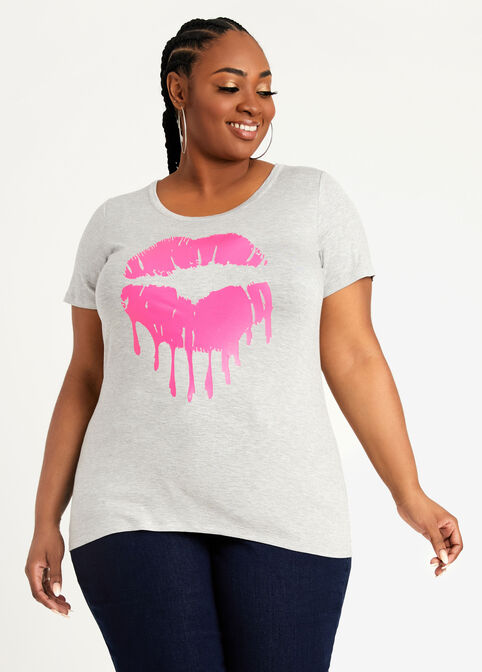 Colorblock Drippy Lips Graphic Tee, Heather Grey image number 0