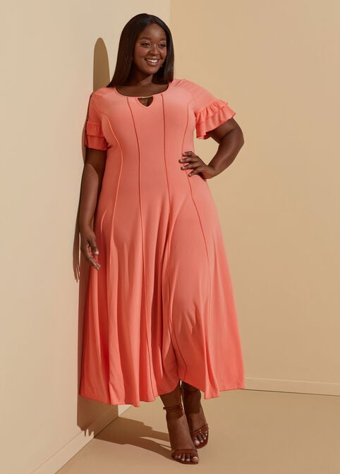 Ruffle Sleeved Seamed Maxi Dress, LIVING CORAL image number 0