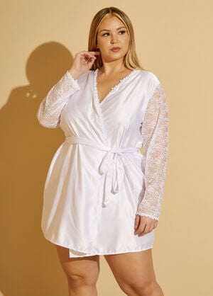 Lace Paneled Satin Robe, White image number 0