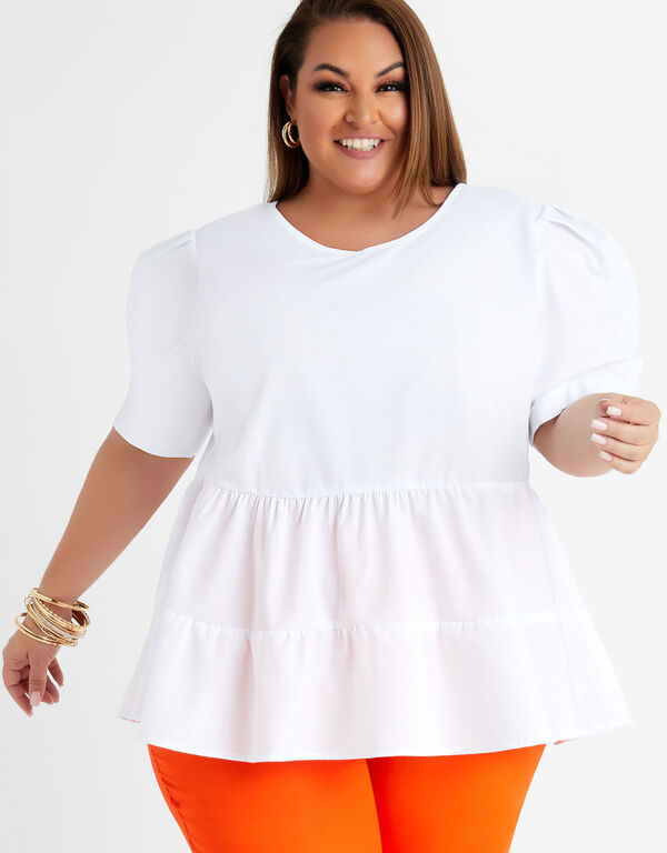 Cotton Blend Tiered Blouse, White image number 0