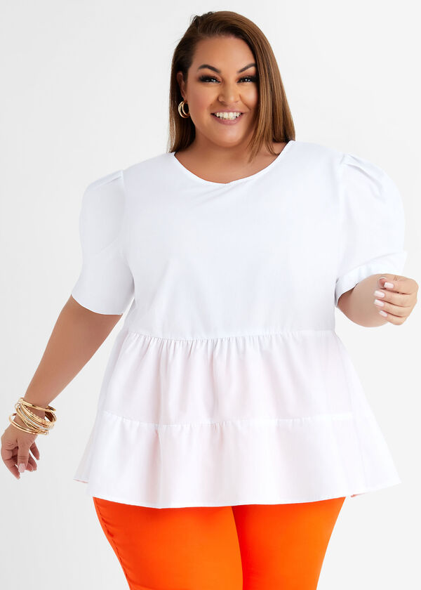 Cotton Blend Tiered Blouse, White image number 0