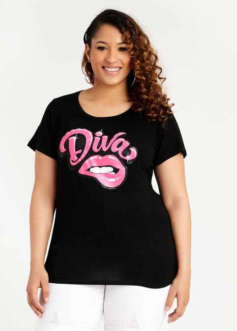 Diva Lips Spray Paint Graphic Tee, Black image number 0
