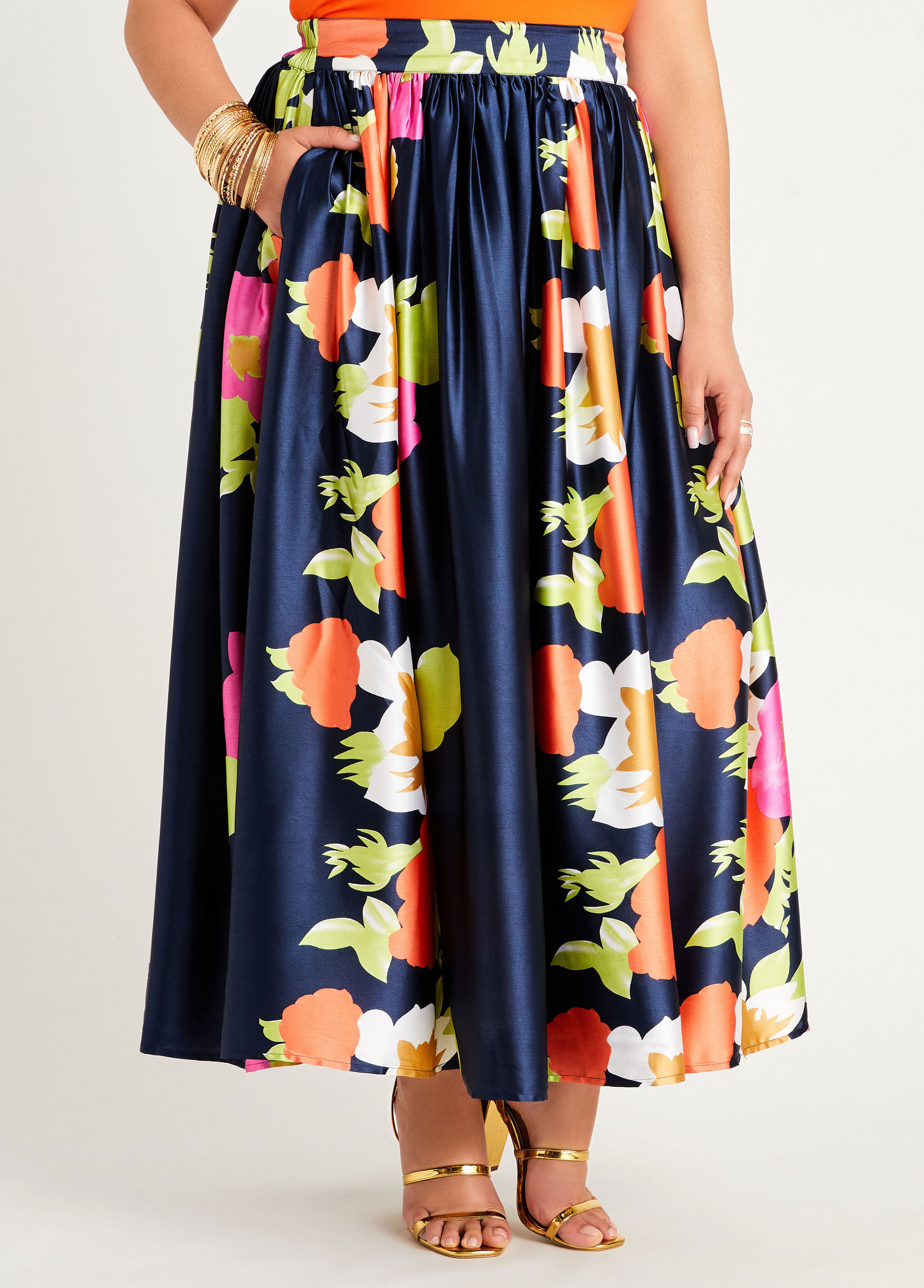 Floral Satin High Waist Maxi Skirt