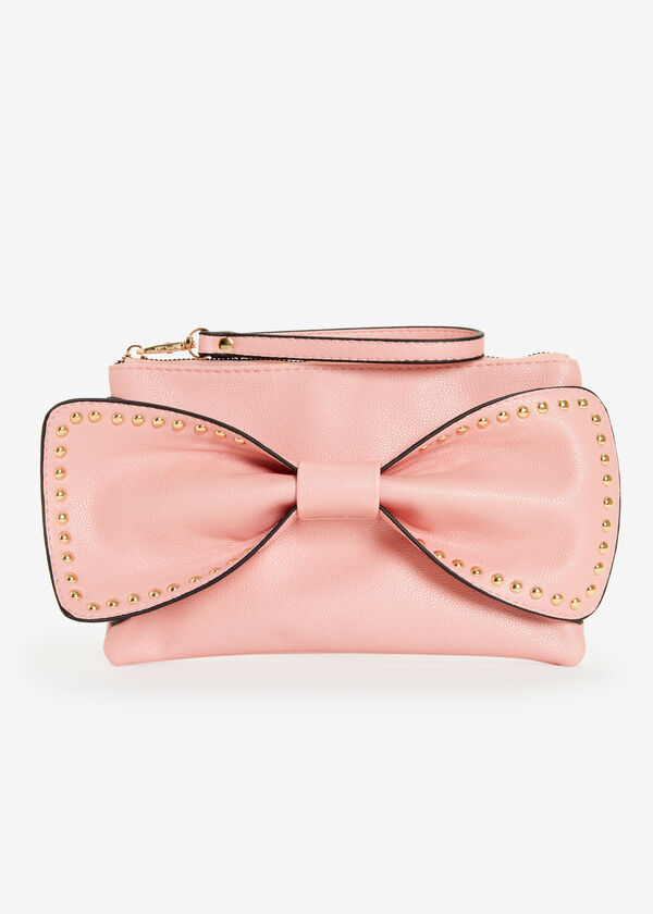 Studded Bow Faux Leather Clutch, Geranium Pink image number 0