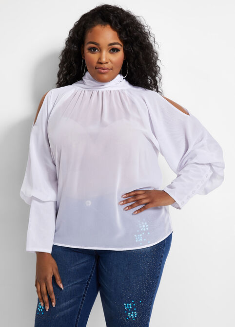 Chiffon Cold-Shoulder Tie Neck Top, White image number 3