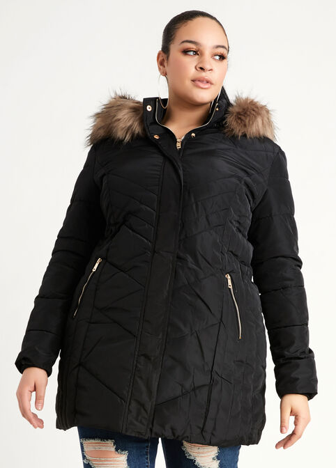 Plus Size Faux Fur Lined Quilted Hooded Filled Down Puffer Long Coat image number 0