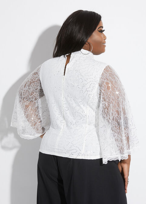 Sequin Lace Bell Sleeve Top, White image number 1