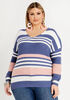 Stripe V Neck Lattice Back Sweater, Blue image number 1