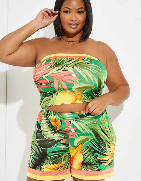 Strapless Tropical Print Crop Top, Parrot Green image number 0