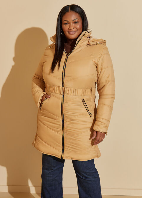 Ribbed Paneled Hooded Puffer Coat, Gold image number 4