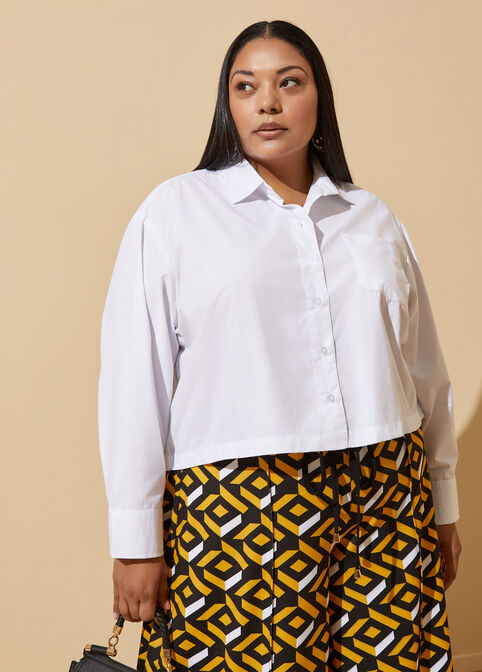 Cropped Cotton Blend Shirt, White image number 2
