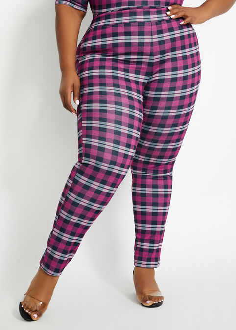 Pink Plaid Knit Pull On Pant, Raspberry Radiance image number 0