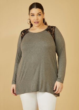 Lace And Crochet Paneled Tee, Charcoal image number 0