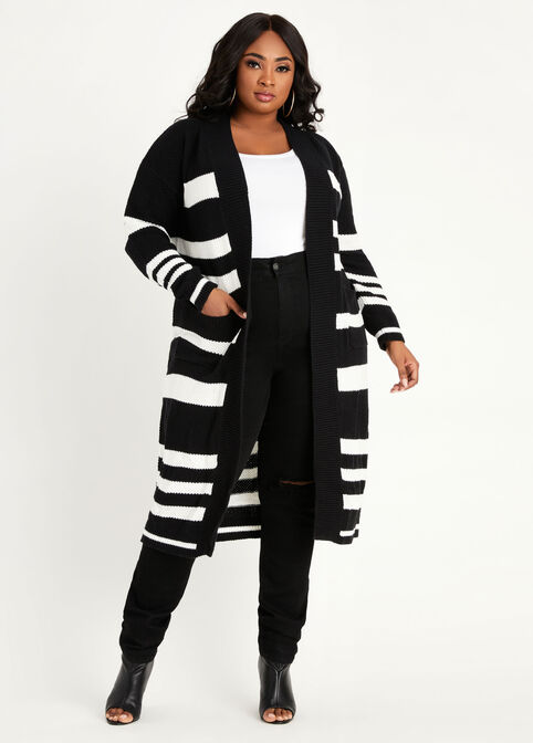 Striped Open Front Duster Cardigan, Black White image number 0