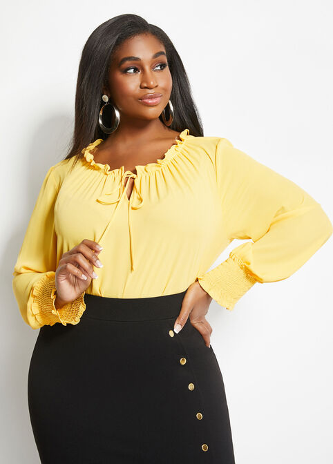 Tall Ruffle Collar Tie Neck Top, Amber Yellow image number 0