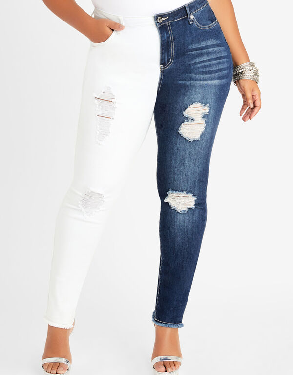 Distressed Two Tone Skinny Jeans, Dk Rinse image number 0