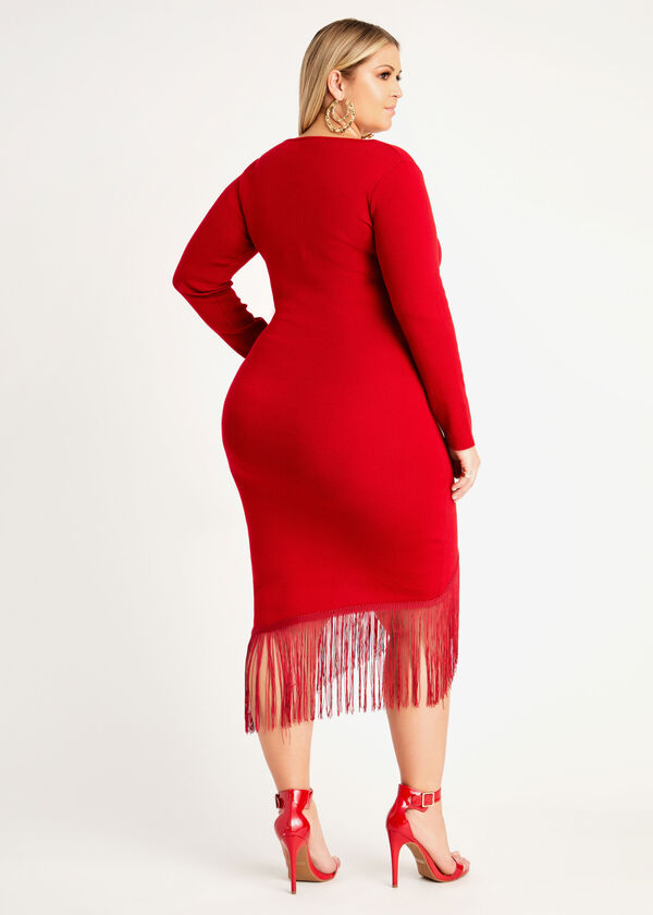 Fringe Asymmetric Sweater Dress, Barbados Cherry image number 1