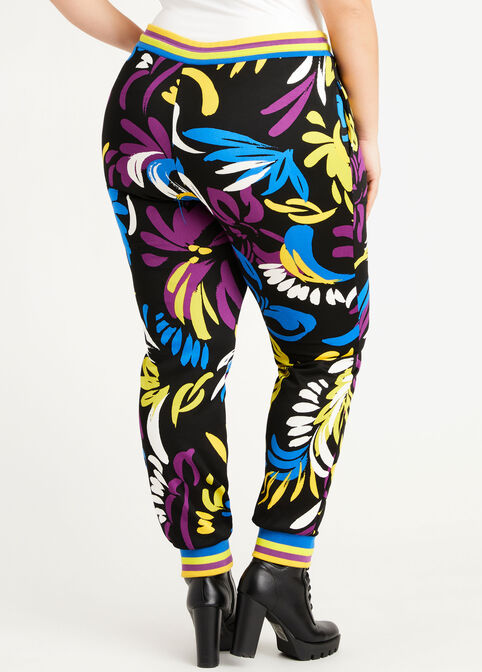 Floral Scuba Athleisure Joggers, Black Combo image number 1