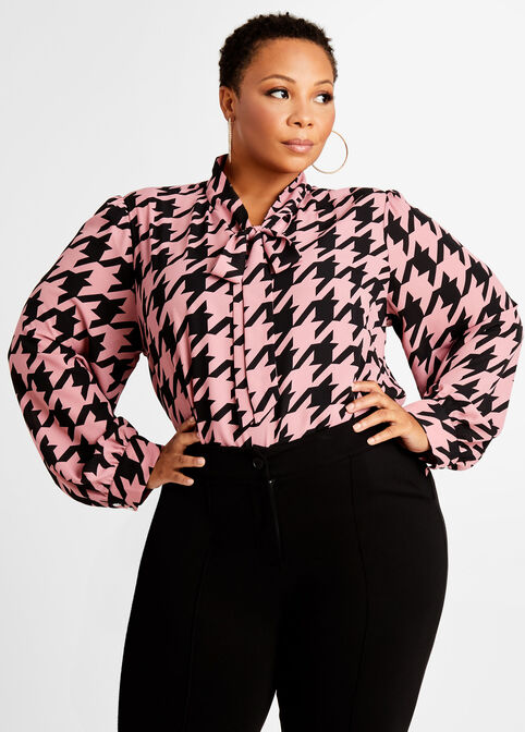 Houndstooth Tie Neck Button Up Top, Foxglove image number 0