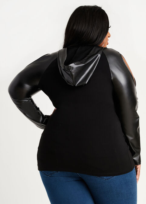 Cold Shoulder Leather Sleeve Top, Black image number 1