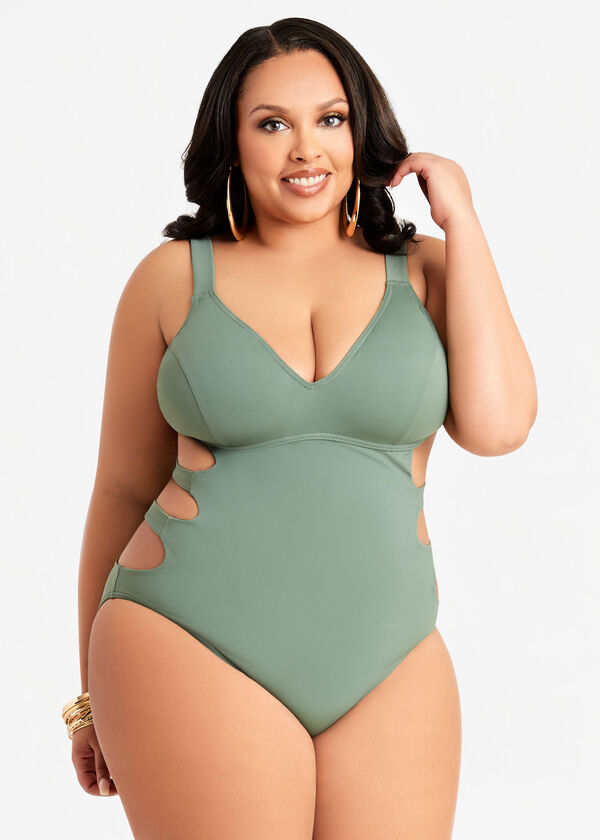 Fit4U Cutout One Piece Swimsuit, Olive image number 0