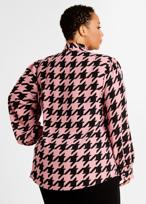 Houndstooth Tie Neck Button Up Top, Foxglove image number 1