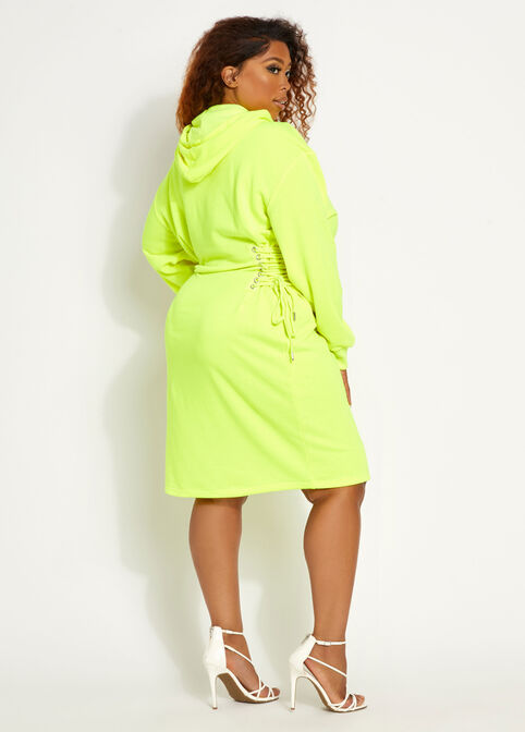 Lace Up Hoodie Sweatshirt Dress, LIME PUNCH image number 1