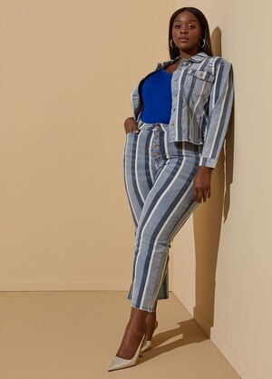 Cropped Striped Slim Leg Jeans, Blue image number 0