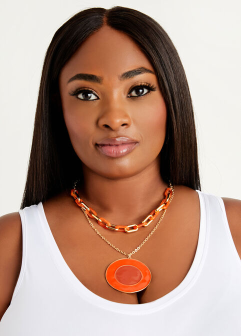 Gold Tone And Resin Necklace, SPICY ORANGE image number 1