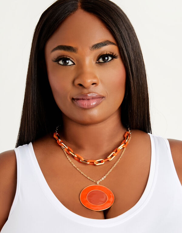 Layered Gold Tone Necklace, SPICY ORANGE image number 1