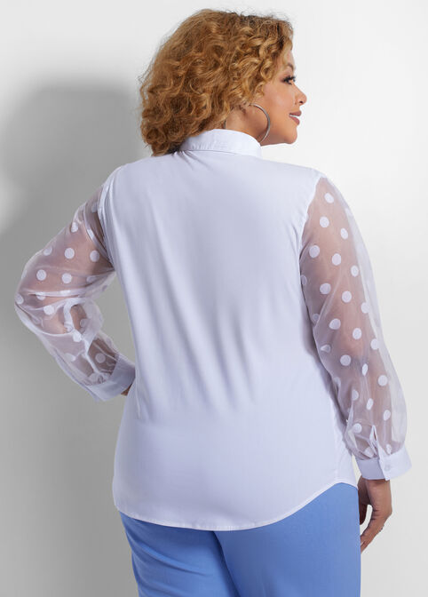 Dot Organza Sleeve Button Up Top, White image number 1