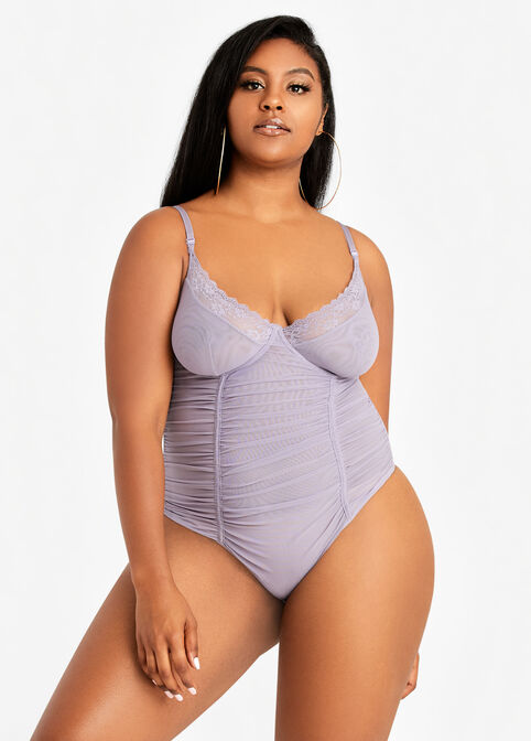 Lace Trim Ruched Thong Bodysuit, Purple image number 0