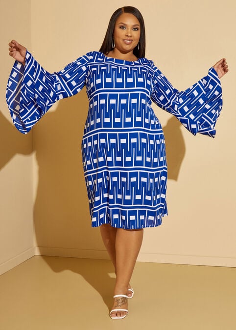 Geo Print Bell Sleeved Dress, Surf The Web image number 0