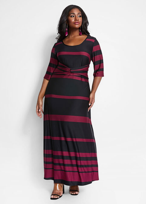 Striped Crossover Waist Maxi Dress, Raspberry Radiance image number 0