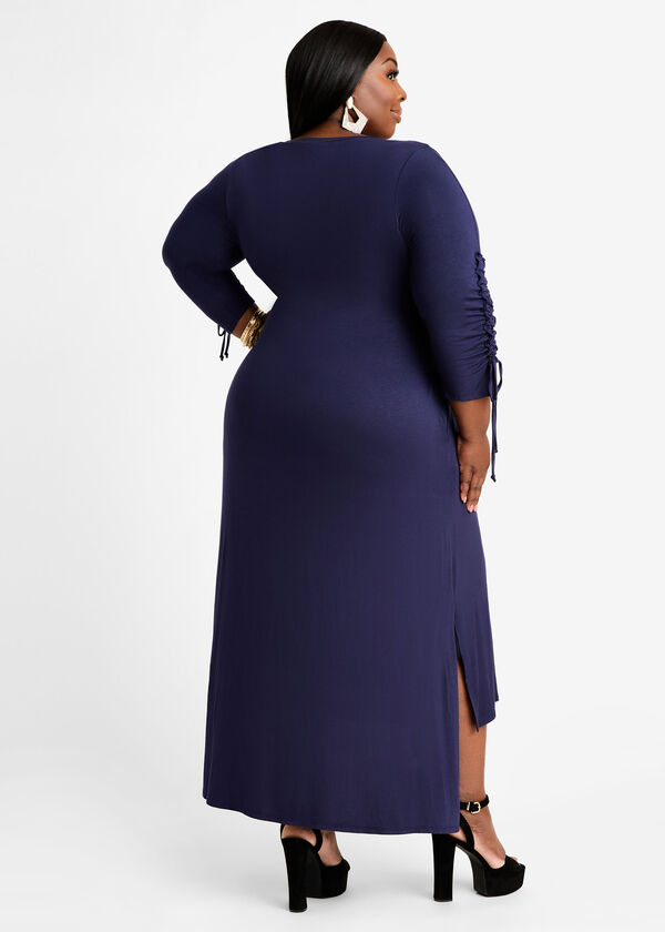 Plus Size Ruched Drawstring Sleeves Slit Accented Hi Low Maxi Dress