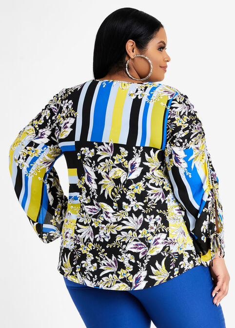 Tall Printed Ruched Open Sleeve Top, Victoria Blue image number 1