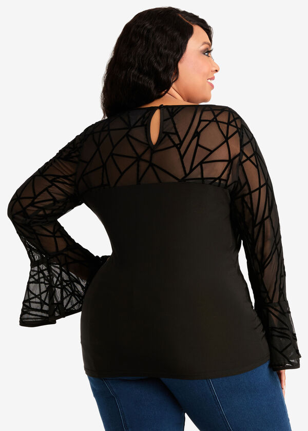 Plus Size Burnout Mesh Bell Sleeve Sexy Cutout Fitted Stretch Knit Top