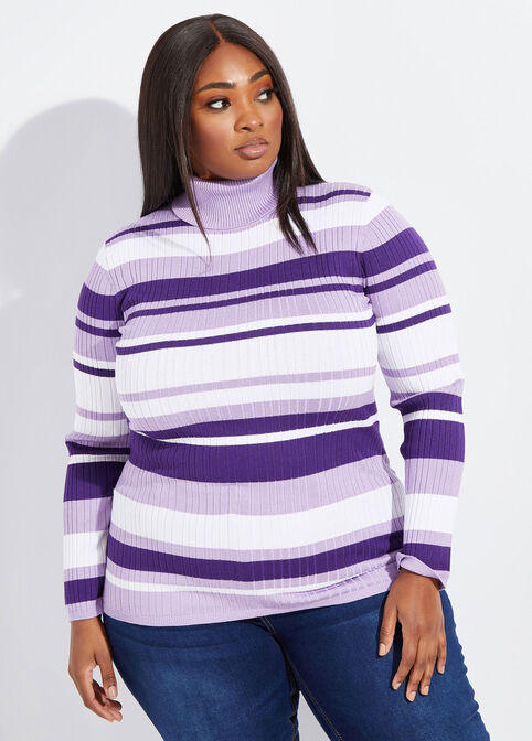 Striped Ribbed Turtleneck Sweater, Acai image number 0