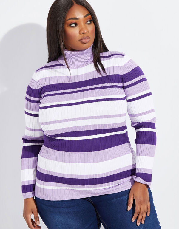 Striped Ribbed Turtleneck Sweater, Acai image number 0